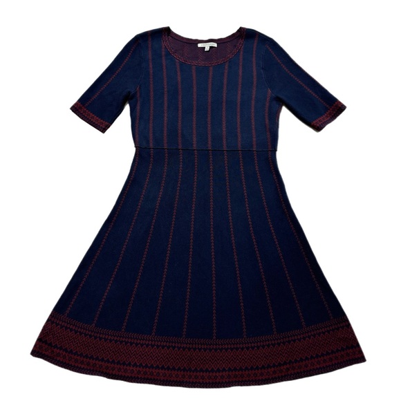 41 Hawthorn Navy Blue Burgundy Fit & Flare Fair Isle Knit Sweater Dress M Petite - Picture 1 of 8